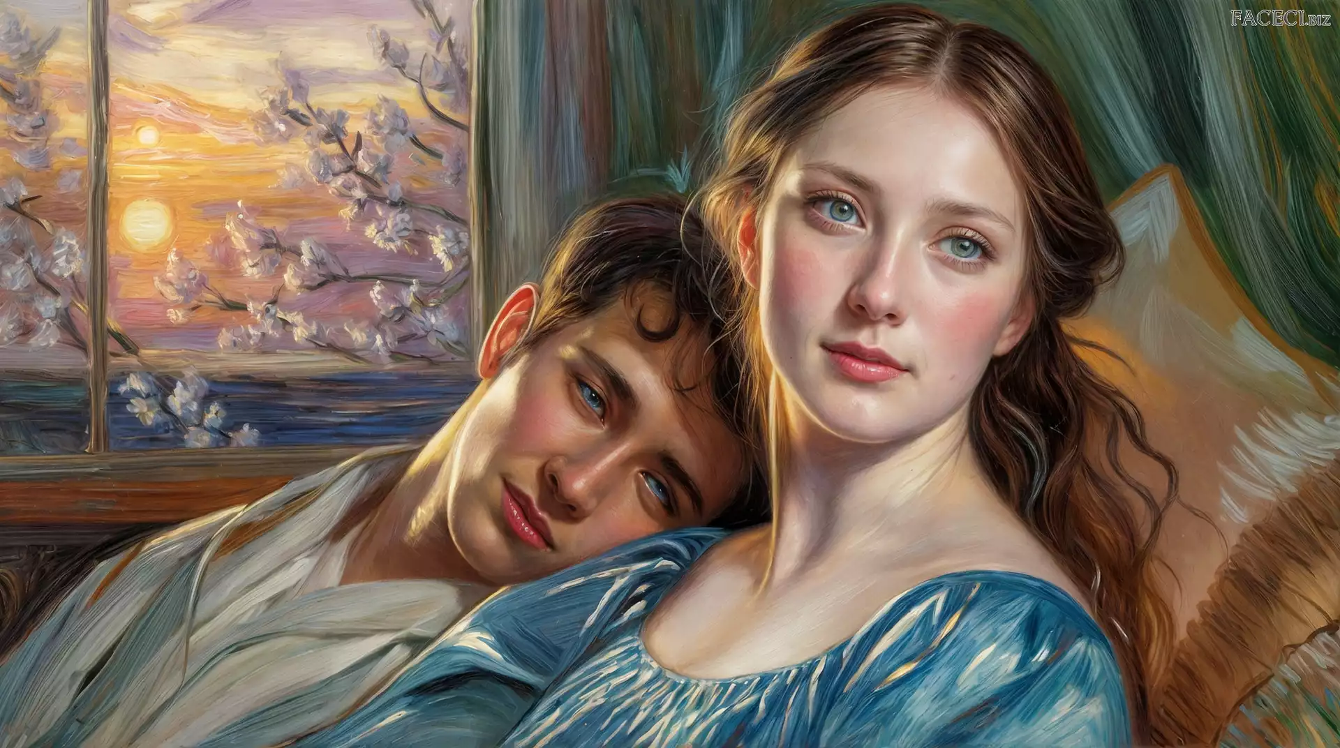 Drzewa, Okno, Grafika, Mężczyzna, Kobieta